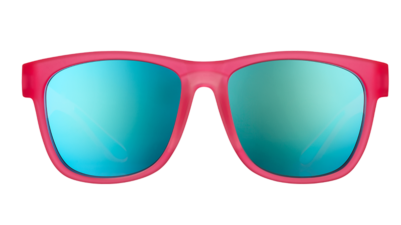 Front view of square-shaped wide-fit hot pink sunglasses with blue mirrored lenses.