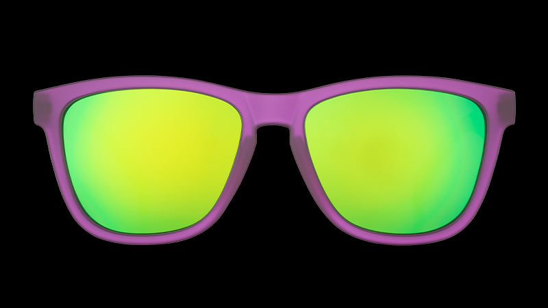 Front view of square-shaped purple sunglasses with polarised green reflective lenses. 